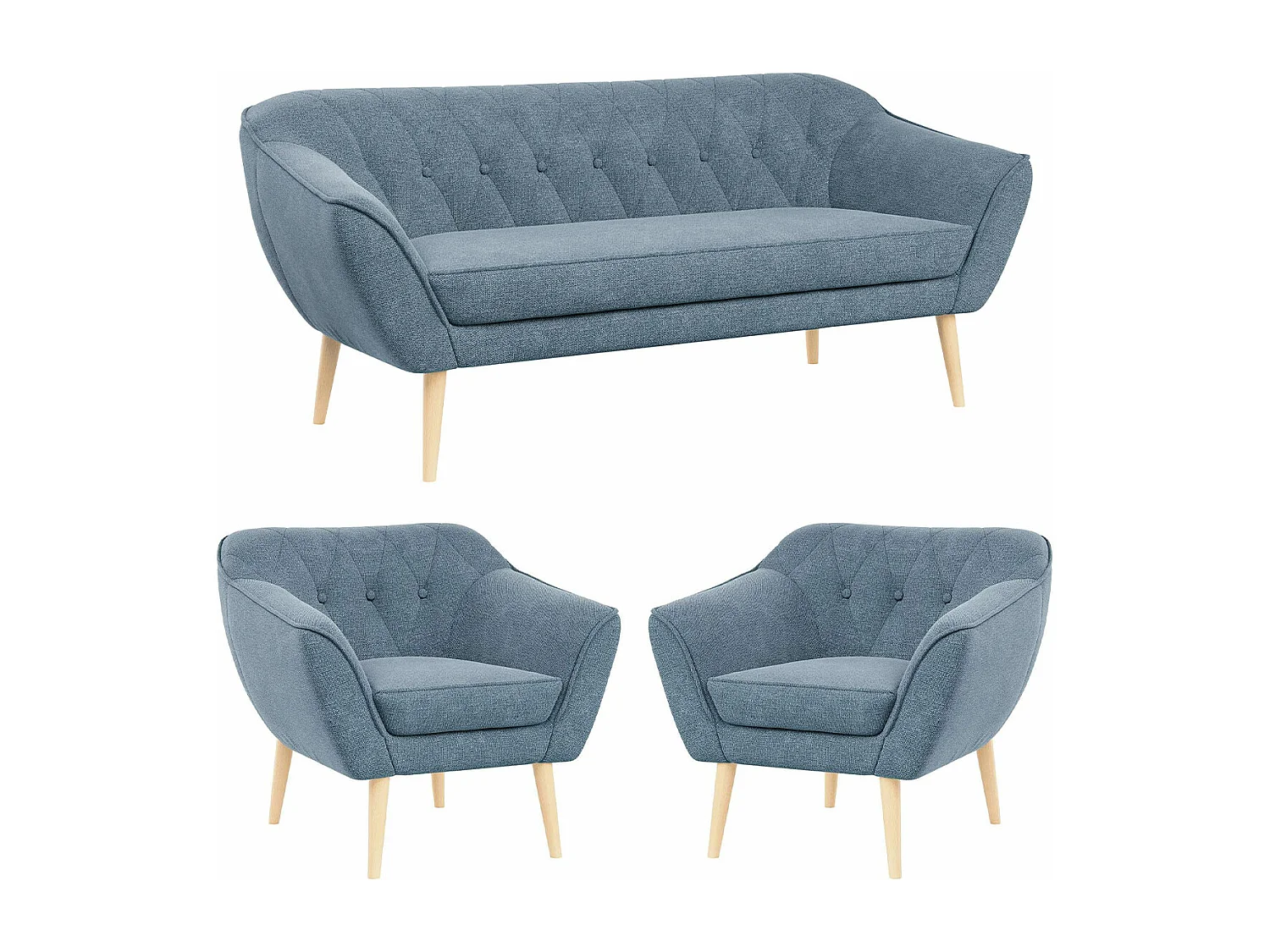 Couchgarnitur PIRS - 3+1+1, Armlehnen,Skandinavischer Design, 3-Sitzer Sofa mi Sesseln - Blau Stukture