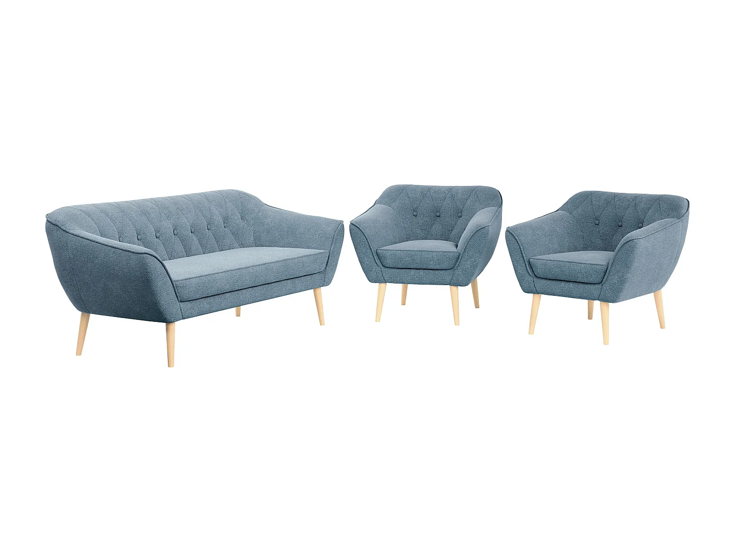 Couchgarnitur PIRS - 3+1+1, Armlehnen,Skandinavischer Design, 3-Sitzer Sofa mi Sesseln - Blau Stukture
