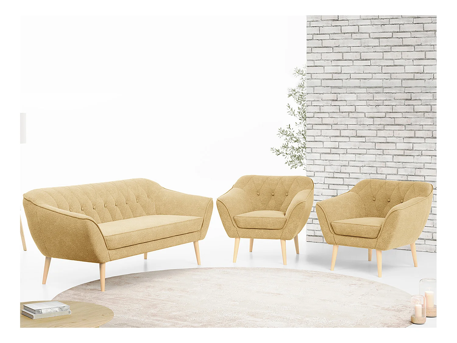 Couchgarnitur PIRS - 3+1+1, Armlehnen,Skandinavischer Design, 3-Sitzer Sofa mi Sesseln - Gelb Stukture