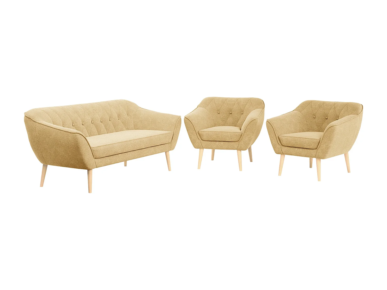 Couchgarnitur PIRS - 3+1+1, Armlehnen,Skandinavischer Design, 3-Sitzer Sofa mi Sesseln - Gelb Stukture