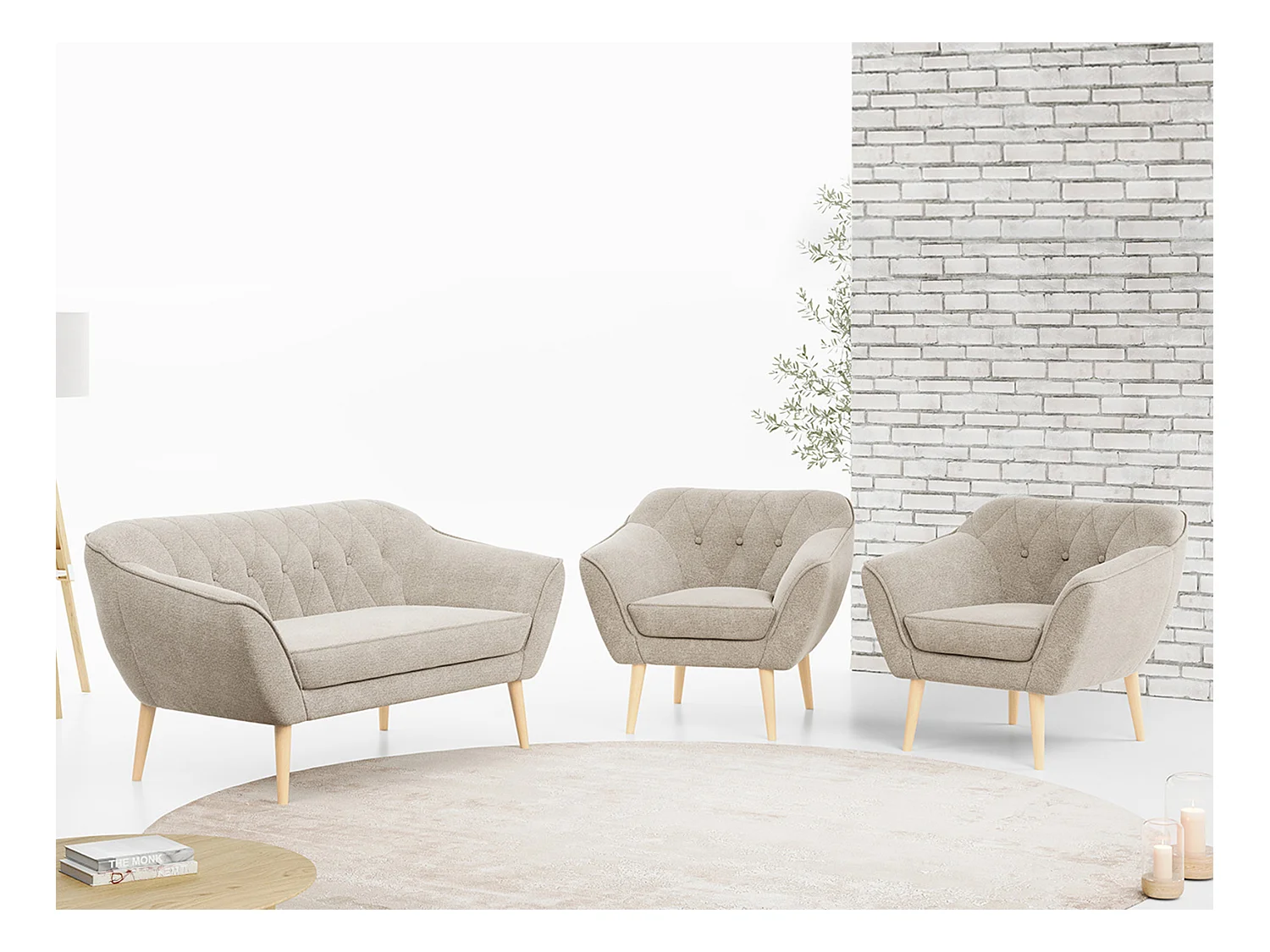 Sofagarnitur PIRS - 2+1+1, Sofa mit Sesseln, Skandinavischer Design, Armlehnen - Beige Stukture