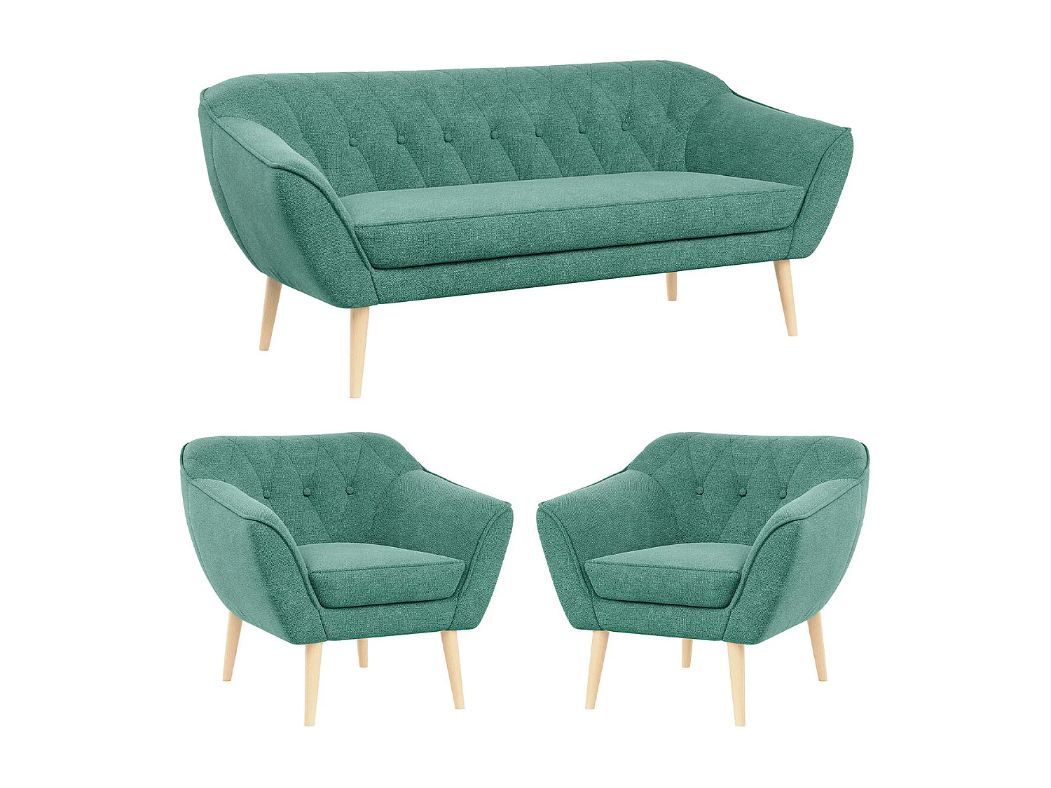 Couchgarnitur PIRS - 3+1+1, Armlehnen,Skandinavischer Design, 3-Sitzer Sofa mi Sesseln - Grün Stukture