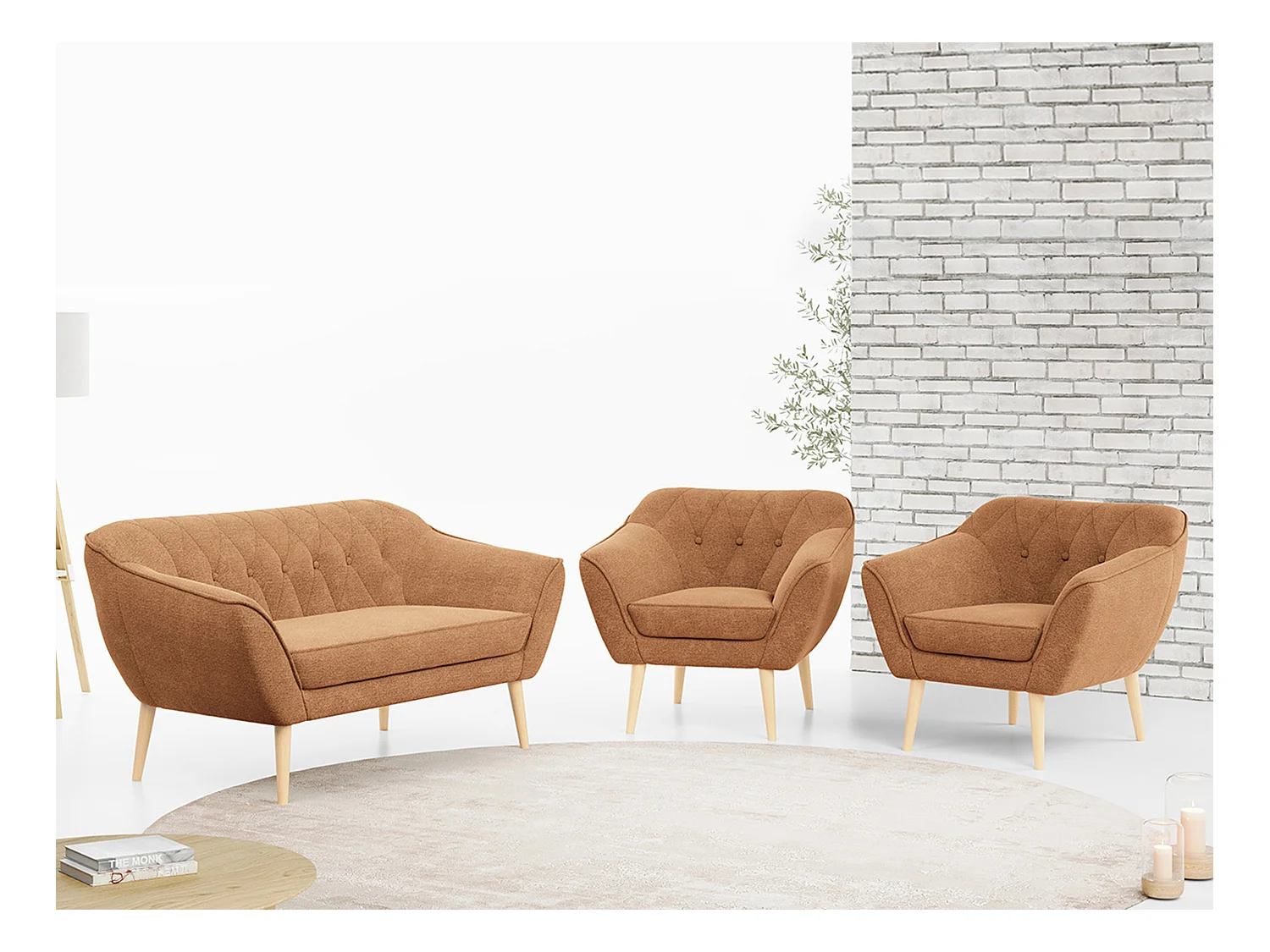 Sofagarnitur PIRS - 2+1+1, Sofa mit Sesseln, Skandinavischer Design, Armlehnen - Orange Stukture