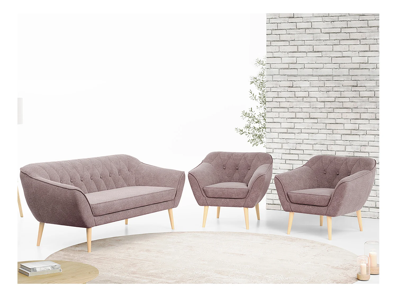 Couchgarnitur PIRS - 3+1+1, Armlehnen,Skandinavischer Design, 3-Sitzer Sofa mi Sesseln - Rosa Stukture