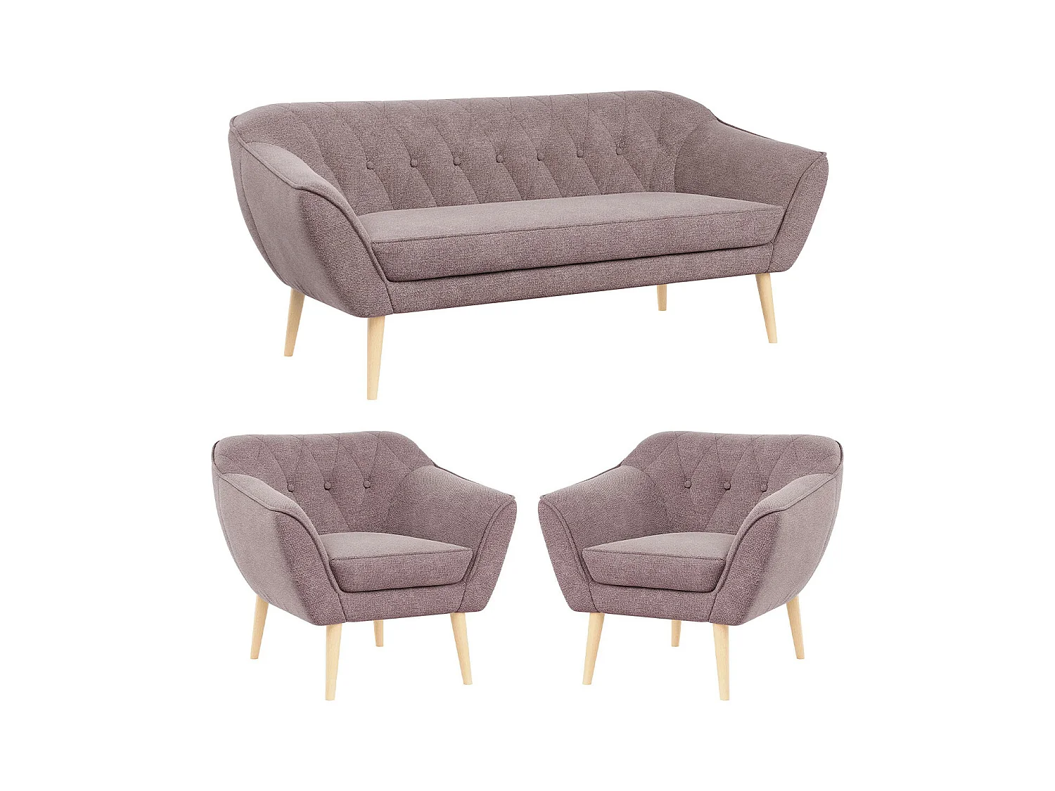 Couchgarnitur PIRS - 3+1+1, Armlehnen,Skandinavischer Design, 3-Sitzer Sofa mi Sesseln - Rosa Stukture