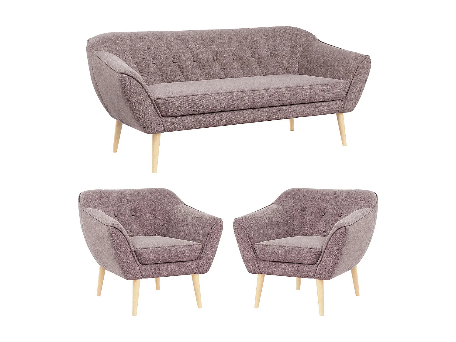 Couchgarnitur PIRS - 3+1+1, Armlehnen,Skandinavischer Design, 3-Sitzer Sofa mi Sesseln - Rosa Stukture