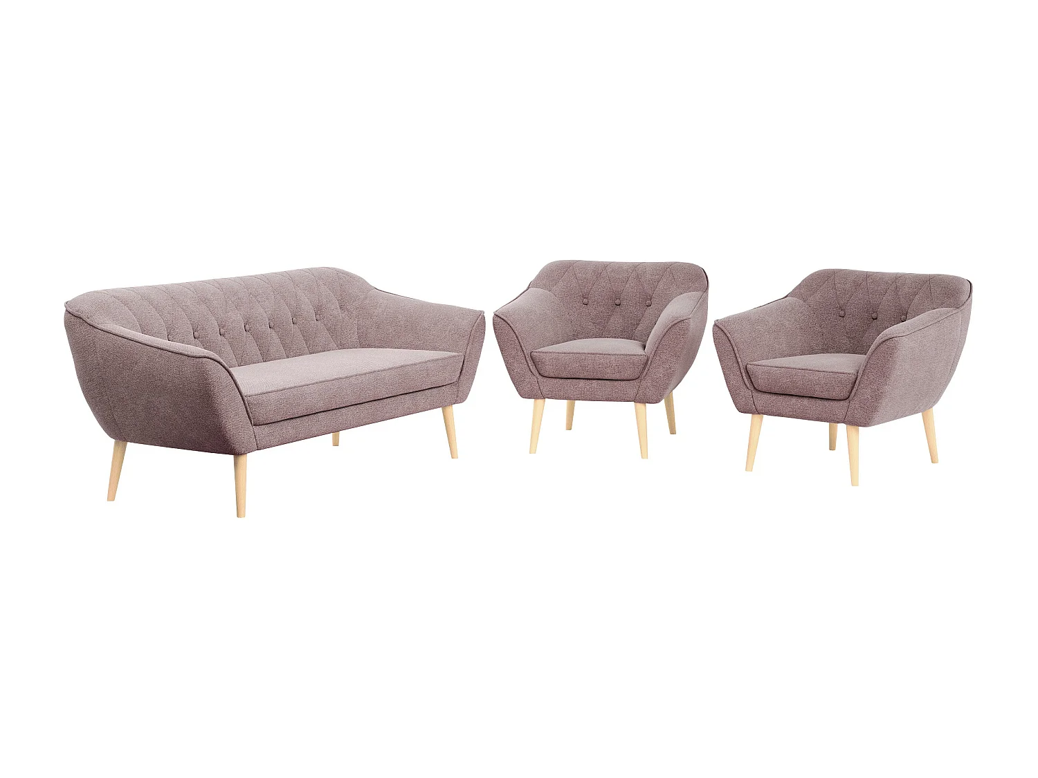 Couchgarnitur PIRS - 3+1+1, Armlehnen,Skandinavischer Design, 3-Sitzer Sofa mi Sesseln - Rosa Stukture