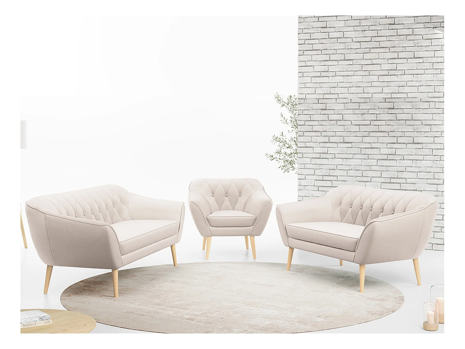 Couchgarnitur PIRS - 3+2+1, mit Armlehnen, Holzbeine, Skandinavischer Design - Creme Velvet