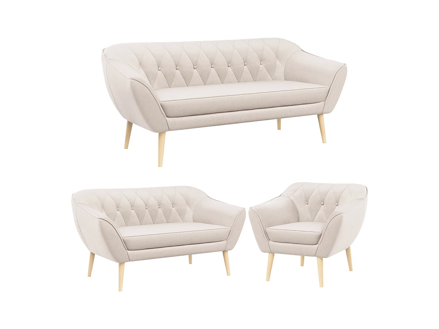 Couchgarnitur PIRS - 3+2+1, mit Armlehnen, Holzbeine, Skandinavischer Design - Creme Velvet