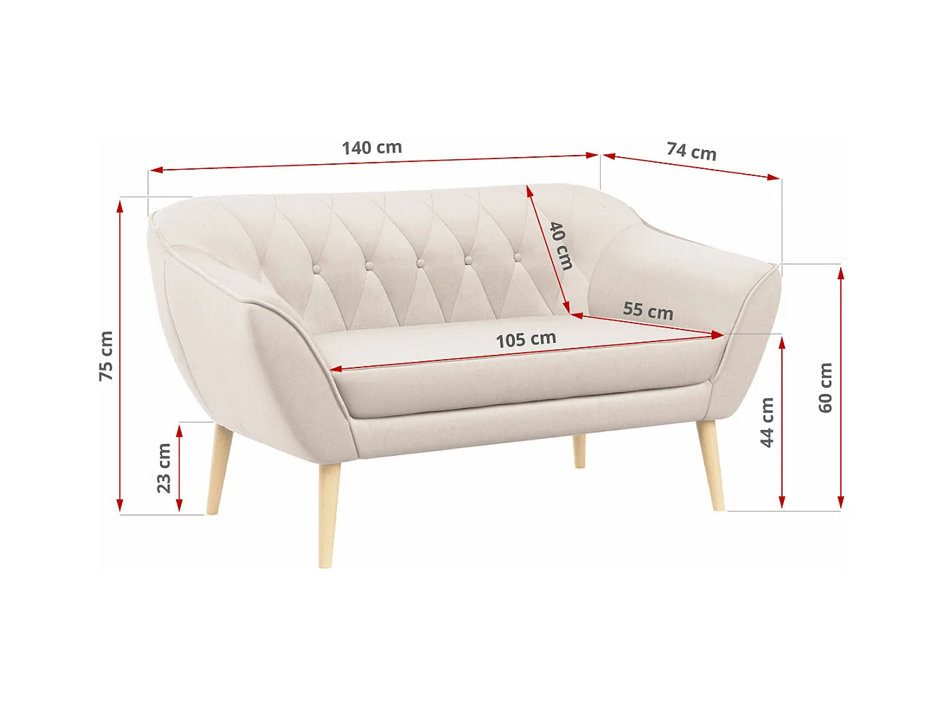 Couchgarnitur PIRS - 3+2+1, mit Armlehnen, Holzbeine, Skandinavischer Design - Creme Velvet