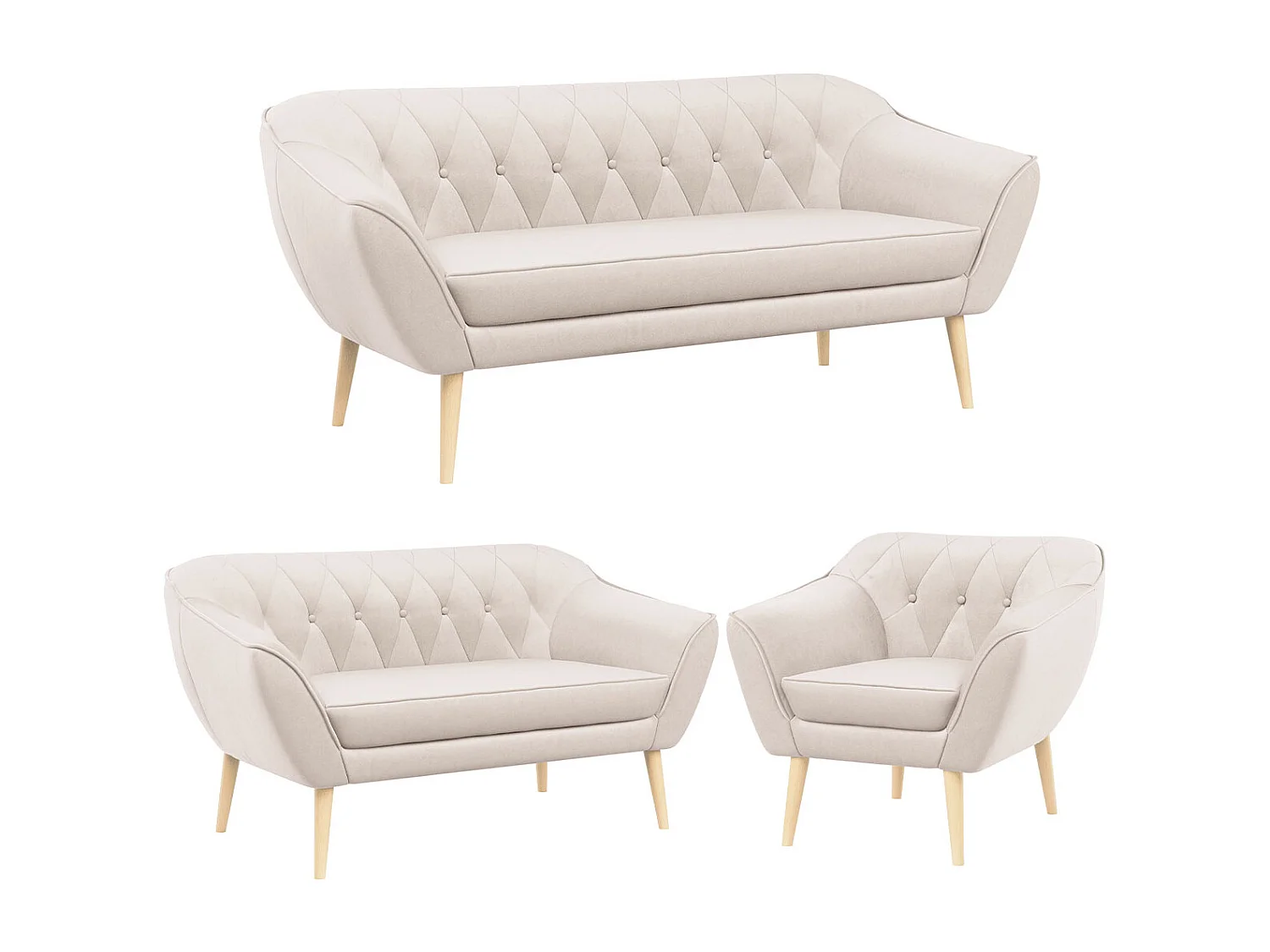 Couchgarnitur PIRS - 3+2+1, mit Armlehnen, Holzbeine, Skandinavischer Design - Creme Velvet