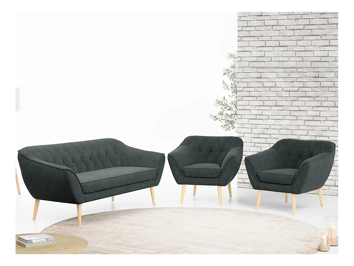 Couchgarnitur PIRS - 3+1+1, Armlehnen,Skandinavischer Design, 3-Sitzer Sofa mi Sesseln - Dunkelgrau Stukture