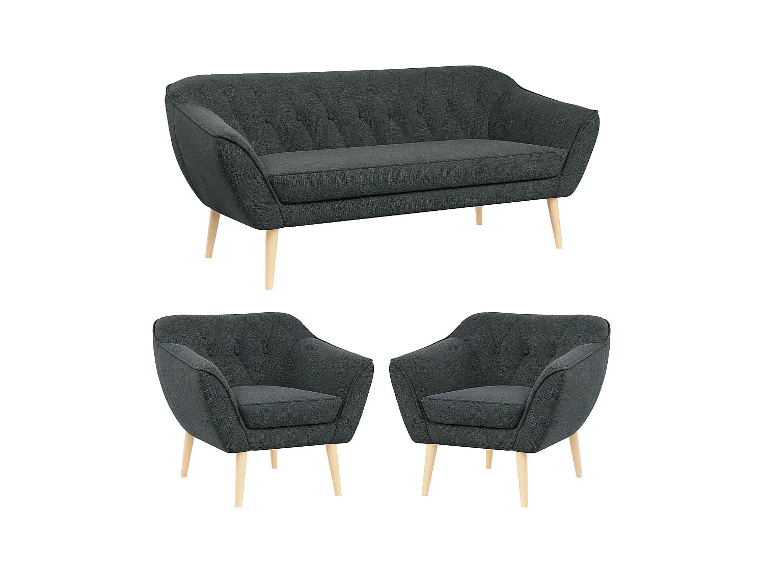 Couchgarnitur PIRS - 3+1+1, Armlehnen,Skandinavischer Design, 3-Sitzer Sofa mi Sesseln - Dunkelgrau Stukture