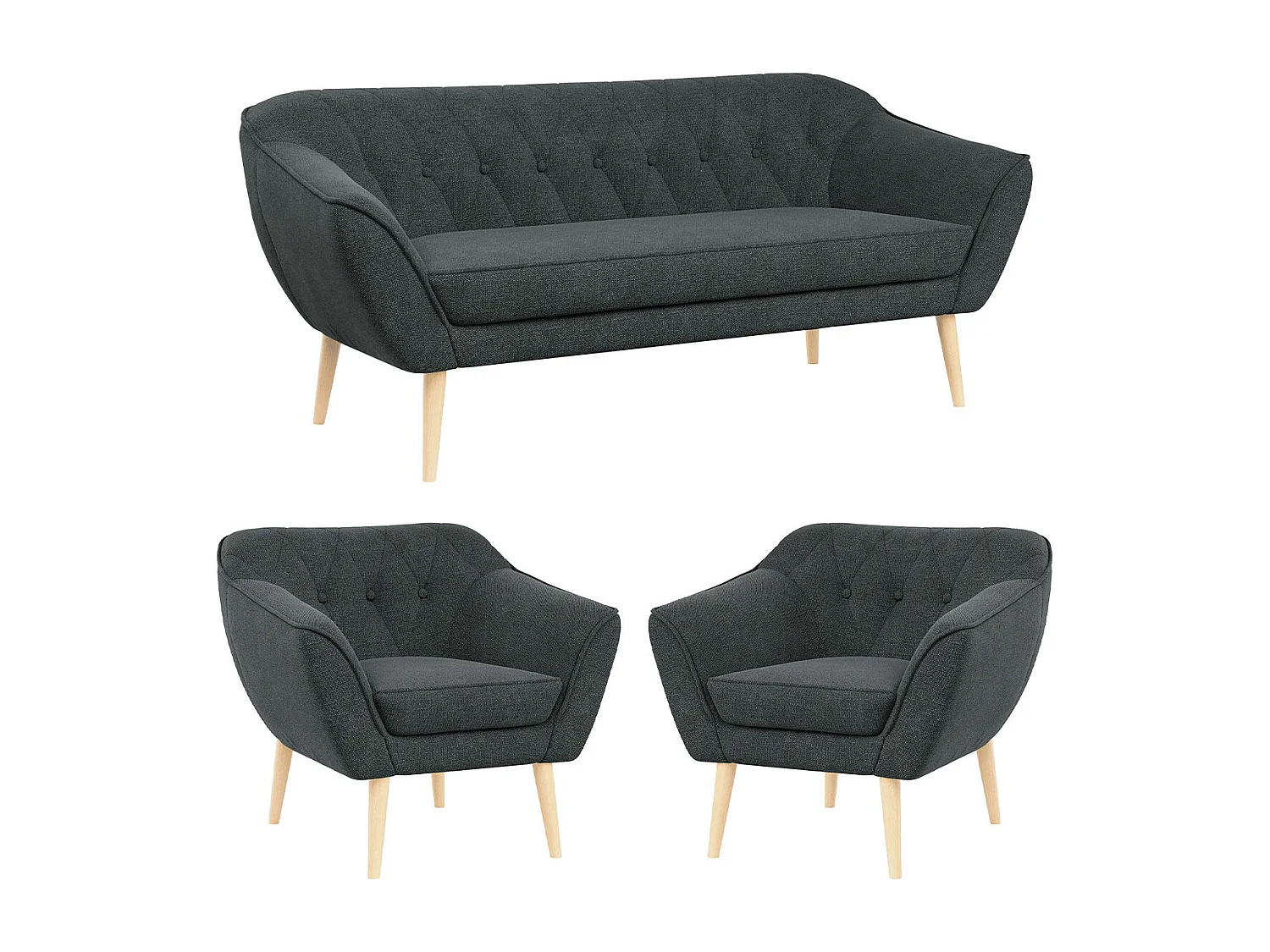 Couchgarnitur PIRS - 3+1+1, Armlehnen,Skandinavischer Design, 3-Sitzer Sofa mi Sesseln - Dunkelgrau Stukture