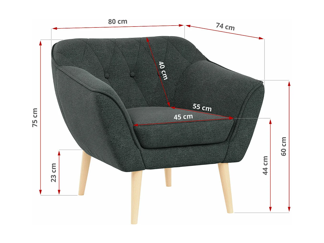 Couchgarnitur PIRS - 3+1+1, Armlehnen,Skandinavischer Design, 3-Sitzer Sofa mi Sesseln - Dunkelgrau Stukture