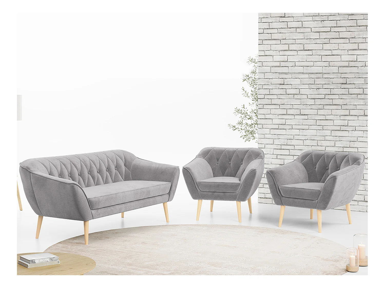 Couchgarnitur PIRS - 3+1+1, Armlehnen,Skandinavischer Design, 3-Sitzer Sofa mi Sesseln - Hellgrau Velvet