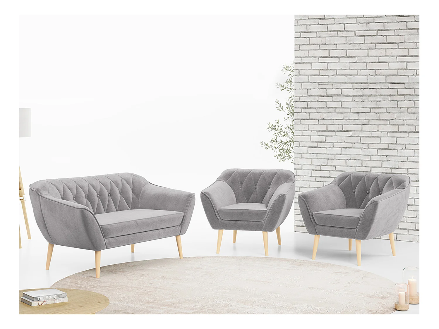 Sofagarnitur PIRS - 2+1+1, Sofa mit Sesseln, Skandinavischer Design, Armlehnen - Hellgrau Velvet