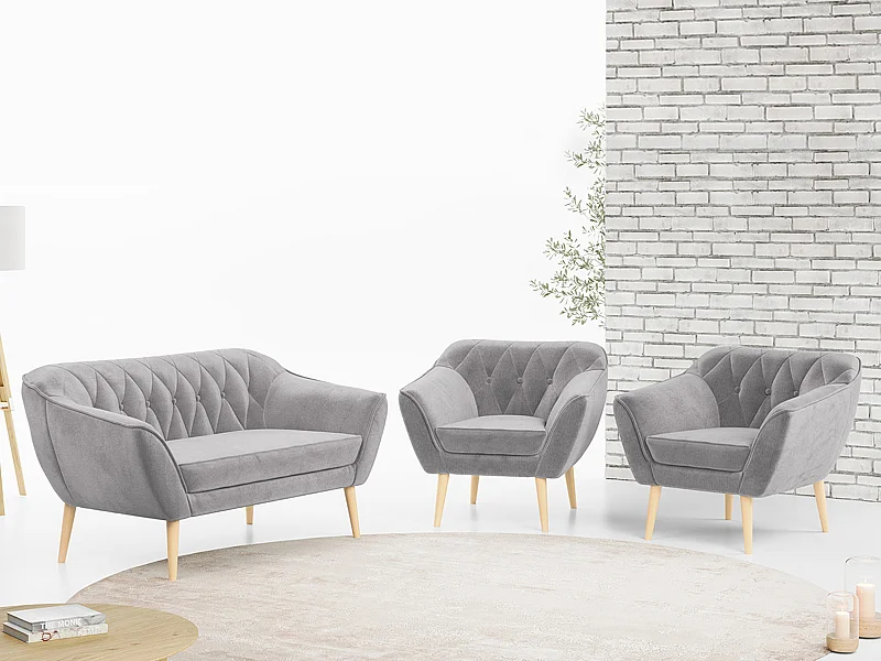 Sofagarnitur PIRS - 2+1+1, Sofa mit Sesseln, Skandinavischer Design, Armlehnen - Hellgrau Velvet