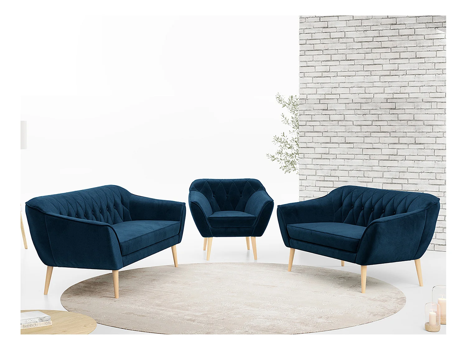 Couchgarnitur PIRS - 3+2+1, mit Armlehnen, Holzbeine, Skandinavischer Design - Dunkelblau Velvet