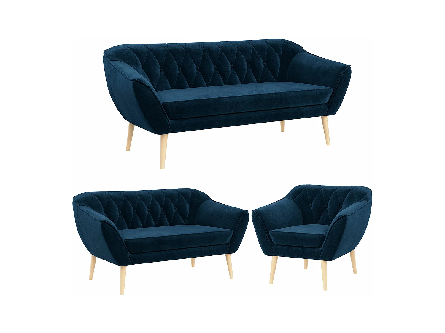 Couchgarnitur PIRS - 3+2+1, mit Armlehnen, Holzbeine, Skandinavischer Design - Dunkelblau Velvet