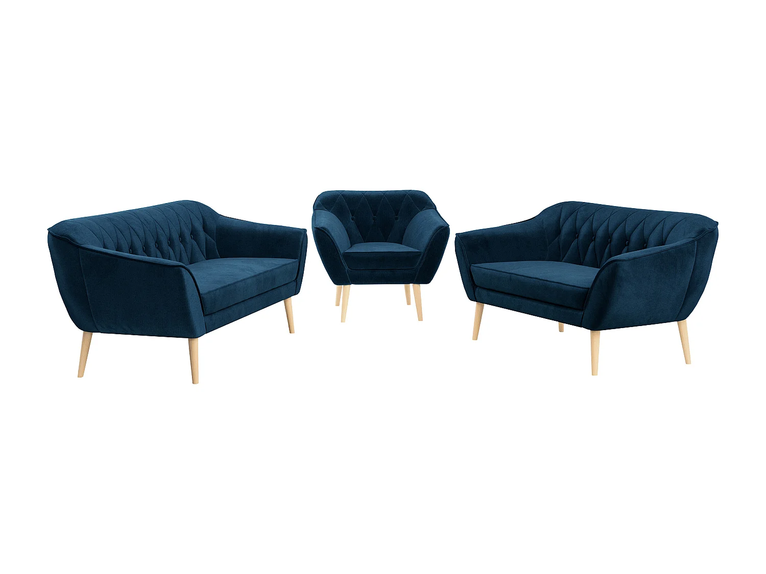 Couchgarnitur PIRS - 3+2+1, mit Armlehnen, Holzbeine, Skandinavischer Design - Dunkelblau Velvet