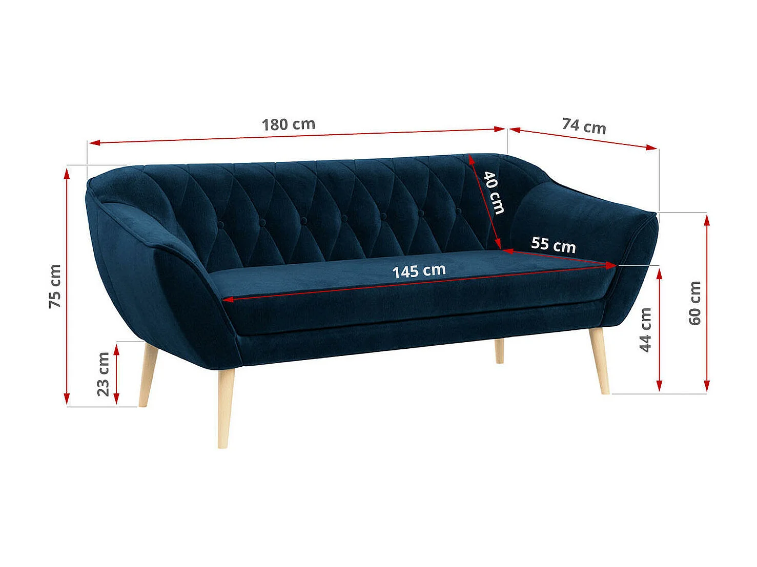 Couchgarnitur PIRS - 3+2+1, mit Armlehnen, Holzbeine, Skandinavischer Design - Dunkelblau Velvet