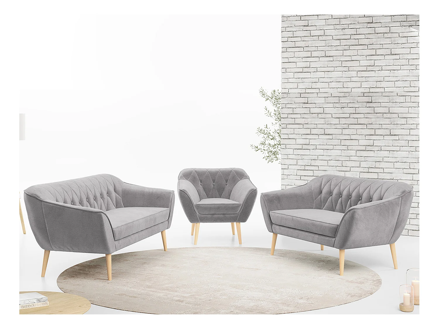 Couchgarnitur PIRS - 3+2+1, mit Armlehnen, Holzbeine, Skandinavischer Design - Hellgrau Velvet