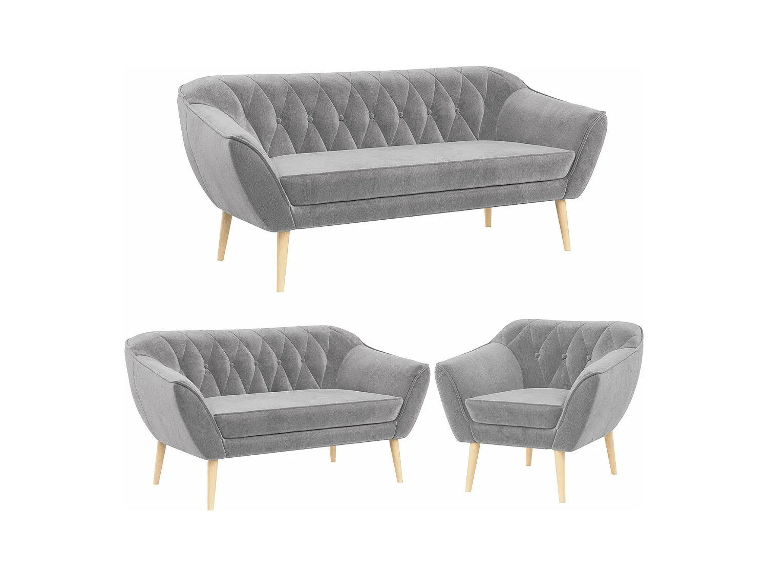 Couchgarnitur PIRS - 3+2+1, mit Armlehnen, Holzbeine, Skandinavischer Design - Hellgrau Velvet