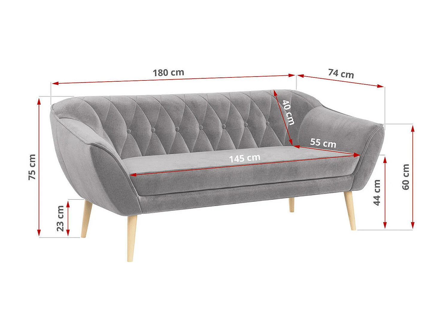 Couchgarnitur PIRS - 3+2+1, mit Armlehnen, Holzbeine, Skandinavischer Design - Hellgrau Velvet