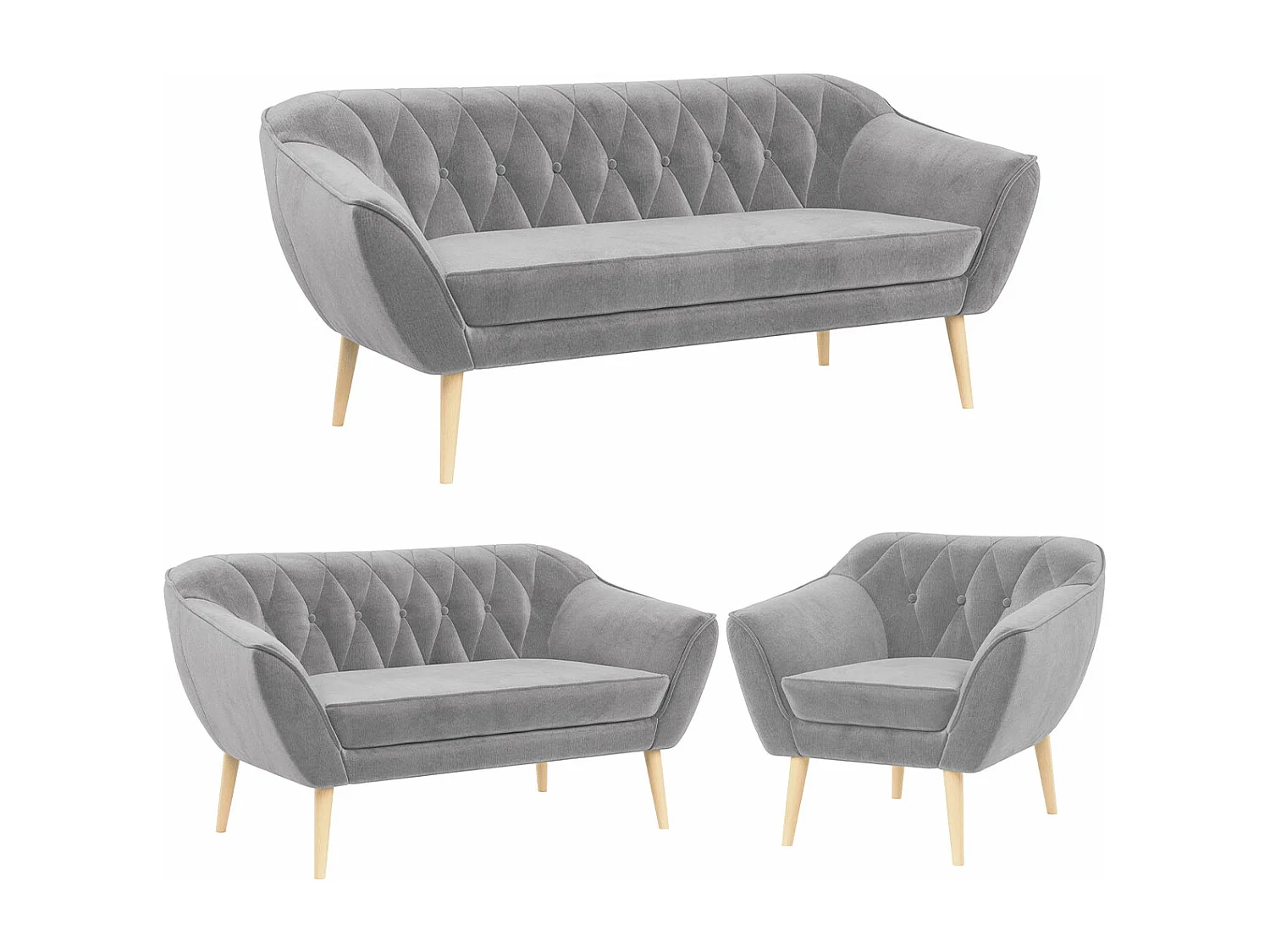 Couchgarnitur PIRS - 3+2+1, mit Armlehnen, Holzbeine, Skandinavischer Design - Hellgrau Velvet