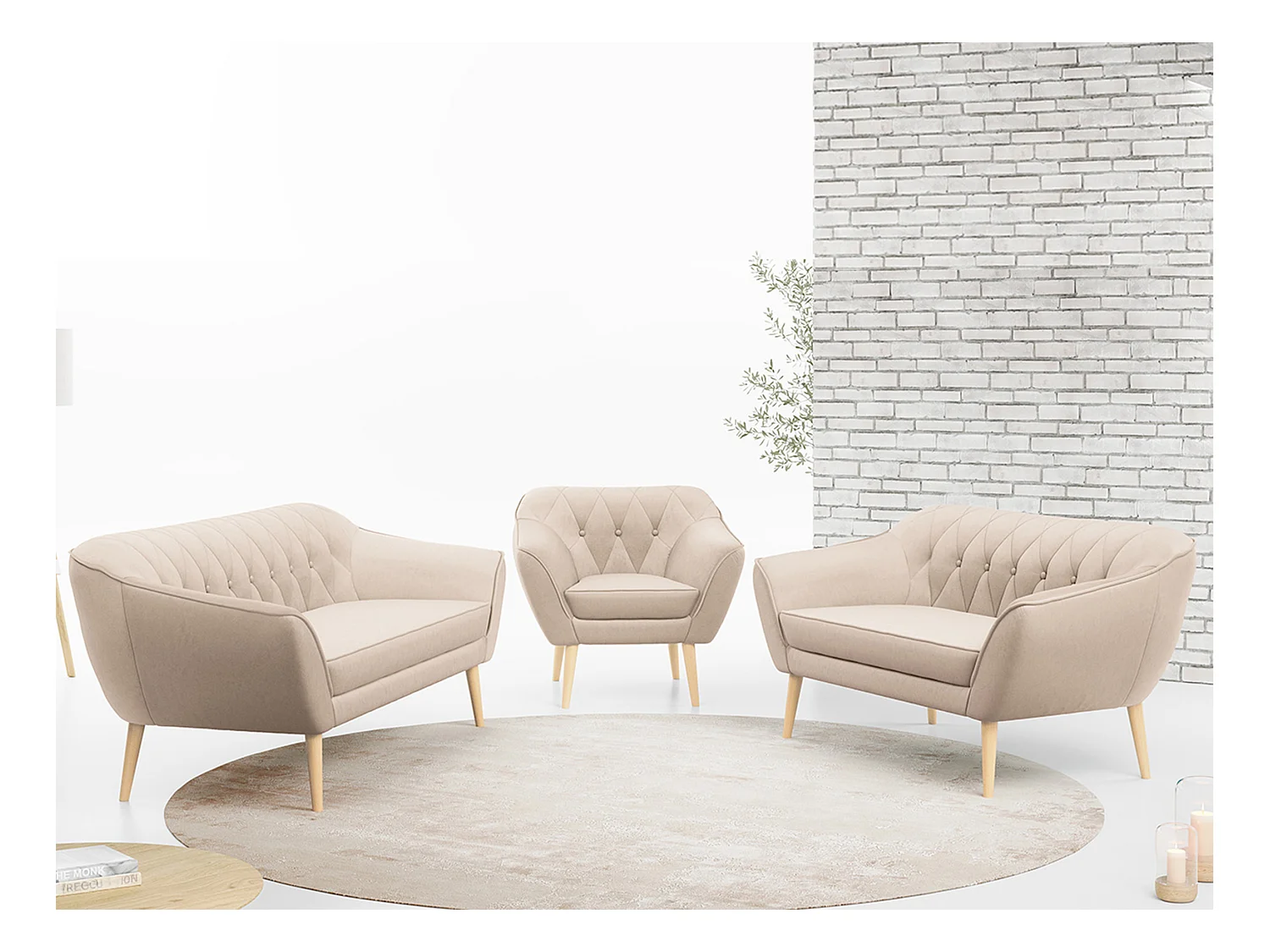 Couchgarnitur PIRS - 3+2+1, mit Armlehnen, Holzbeine, Skandinavischer Design - Beige Velvet