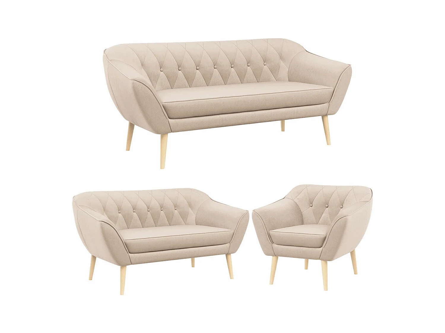 Couchgarnitur PIRS - 3+2+1, mit Armlehnen, Holzbeine, Skandinavischer Design - Beige Velvet