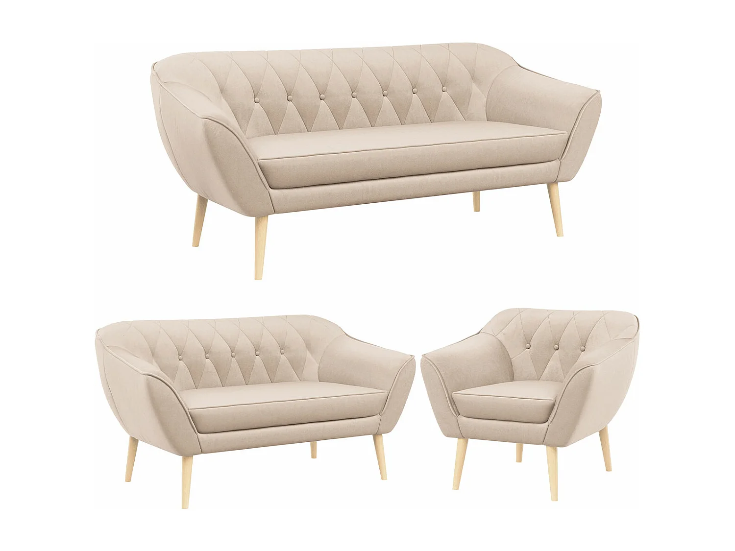 Couchgarnitur PIRS - 3+2+1, mit Armlehnen, Holzbeine, Skandinavischer Design - Beige Velvet