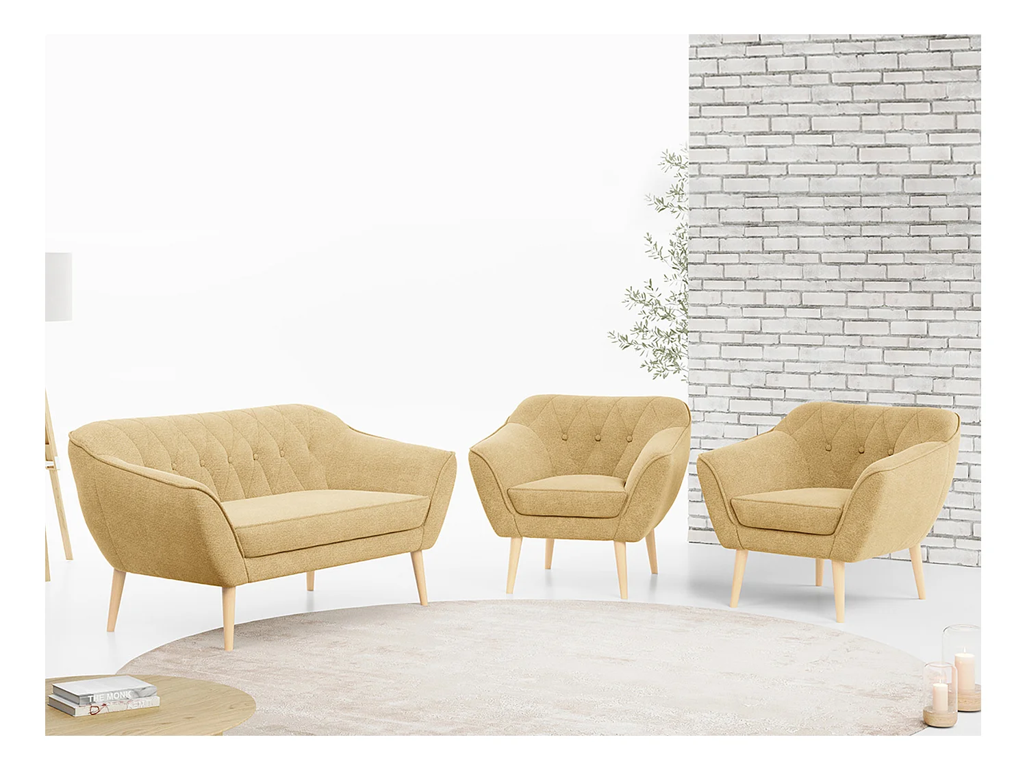 Sofagarnitur PIRS - 2+1+1, Sofa mit Sesseln, Skandinavischer Design, Armlehnen - Gelb Stukture