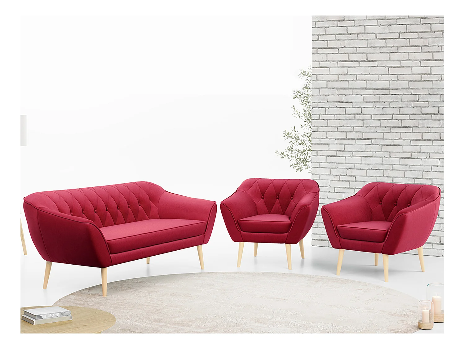 Couchgarnitur PIRS - 3+1+1, Armlehnen,Skandinavischer Design, 3-Sitzer Sofa mi Sesseln - Rot Velvet