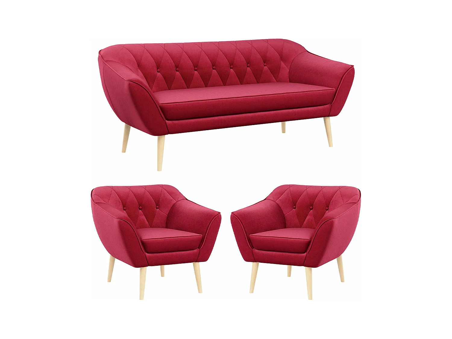 Couchgarnitur PIRS - 3+1+1, Armlehnen,Skandinavischer Design, 3-Sitzer Sofa mi Sesseln - Rot Velvet