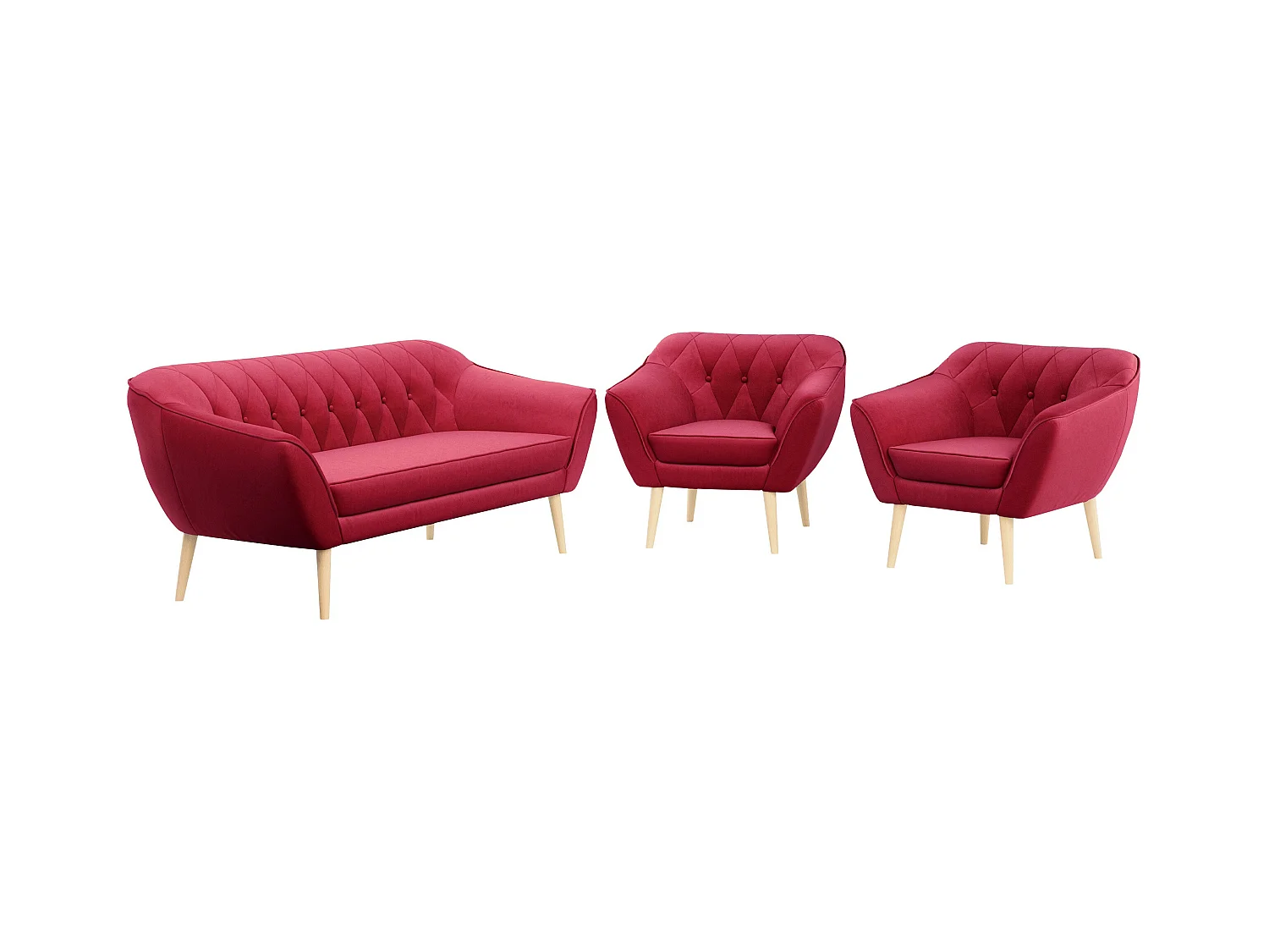 Couchgarnitur PIRS - 3+1+1, Armlehnen,Skandinavischer Design, 3-Sitzer Sofa mi Sesseln - Rot Velvet