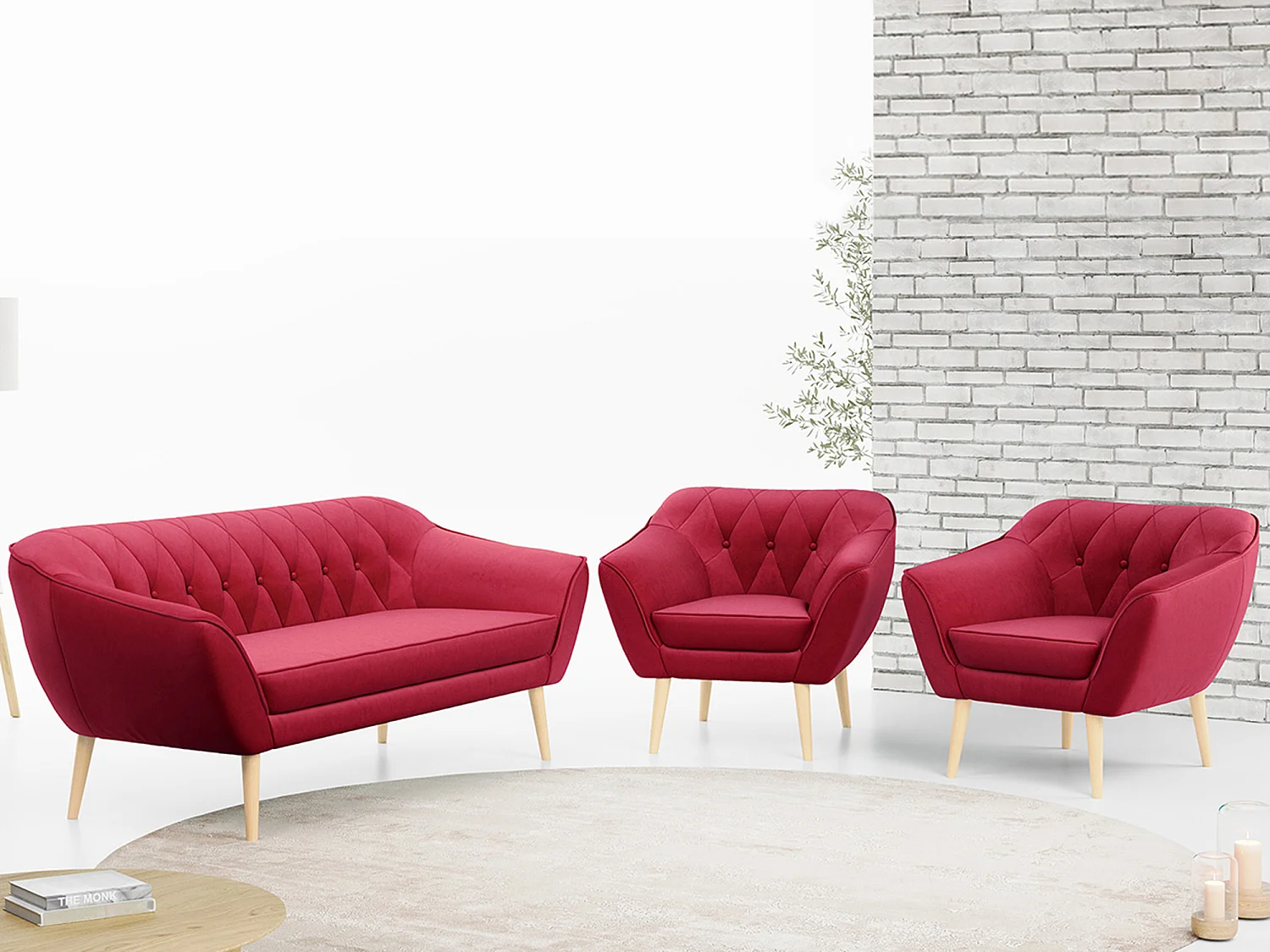 Couchgarnitur PIRS - 3+1+1, Armlehnen,Skandinavischer Design, 3-Sitzer Sofa mi Sesseln - Rot Velvet