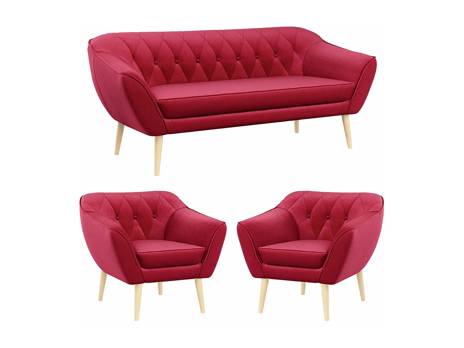Couchgarnitur PIRS - 3+1+1, Armlehnen,Skandinavischer Design, 3-Sitzer Sofa mi Sesseln - Rot Velvet
