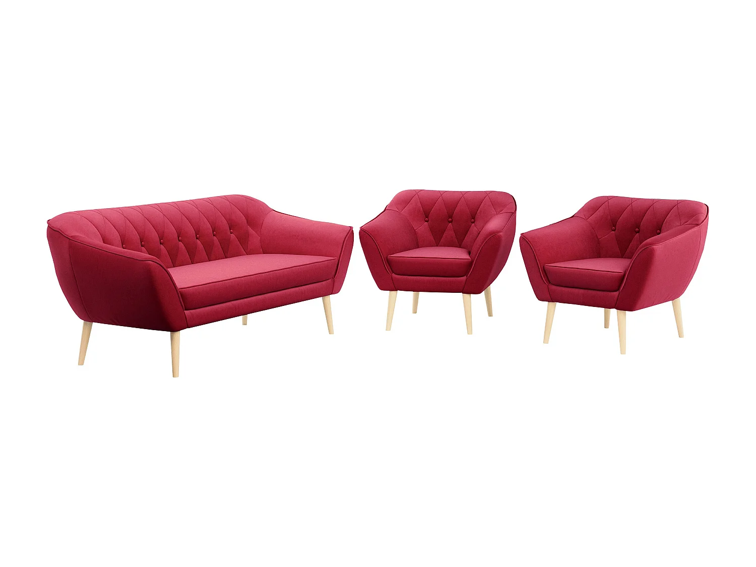 Couchgarnitur PIRS - 3+1+1, Armlehnen,Skandinavischer Design, 3-Sitzer Sofa mi Sesseln - Rot Velvet