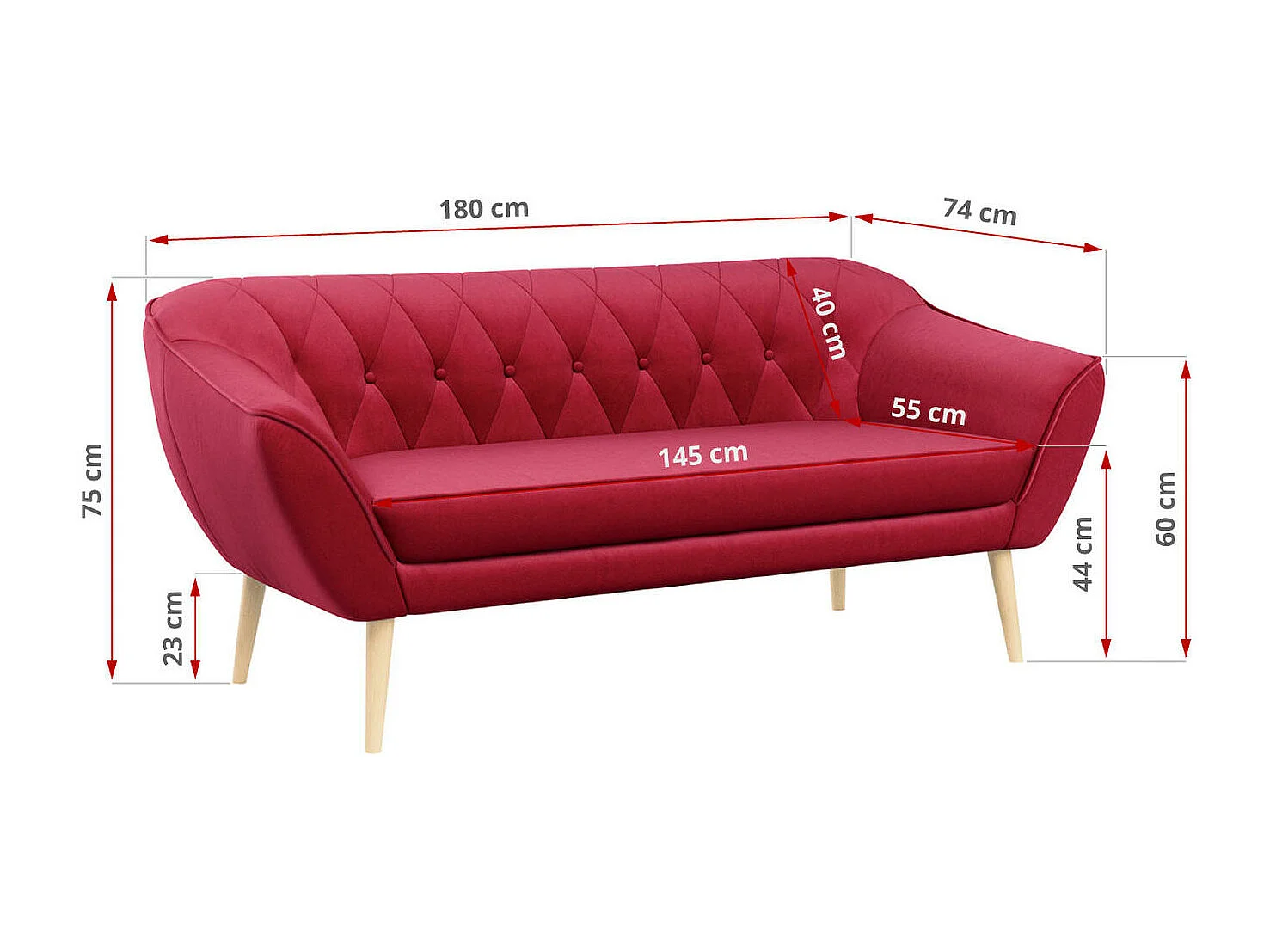 Couchgarnitur PIRS - 3+1+1, Armlehnen,Skandinavischer Design, 3-Sitzer Sofa mi Sesseln - Rot Velvet