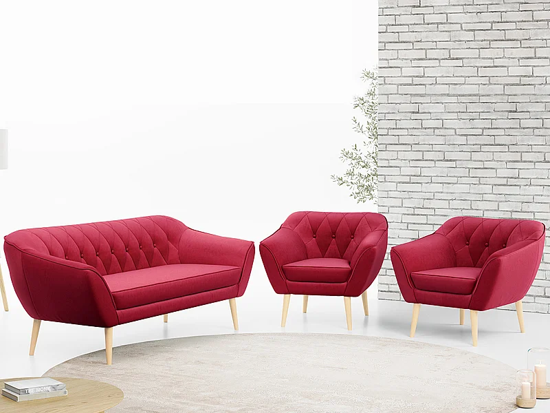 Couchgarnitur PIRS - 3+1+1, Armlehnen,Skandinavischer Design, 3-Sitzer Sofa mi Sesseln - Rot Velvet