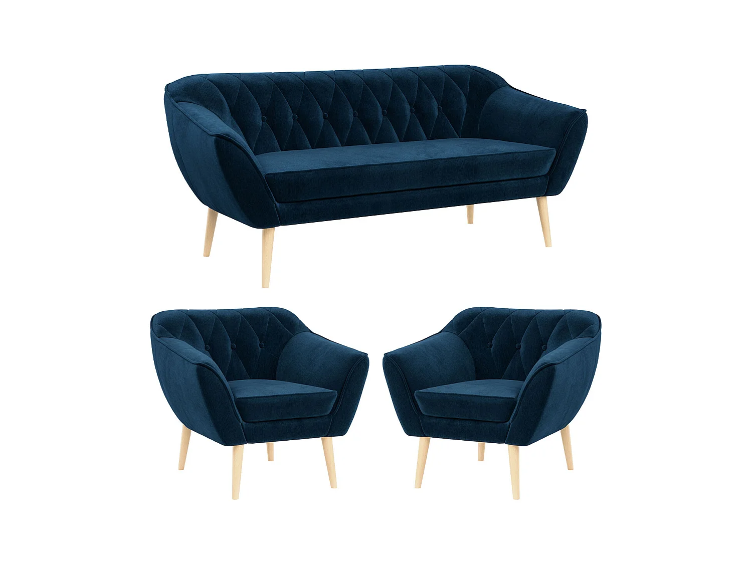 Couchgarnitur PIRS - 3+1+1, Armlehnen,Skandinavischer Design, 3-Sitzer Sofa mi Sesseln - Dunkelblau Velvet