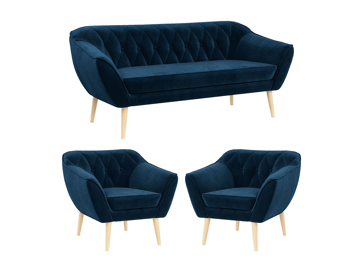 Couchgarnitur PIRS - 3+1+1, Armlehnen,Skandinavischer Design, 3-Sitzer Sofa mi Sesseln - Dunkelblau Velvet