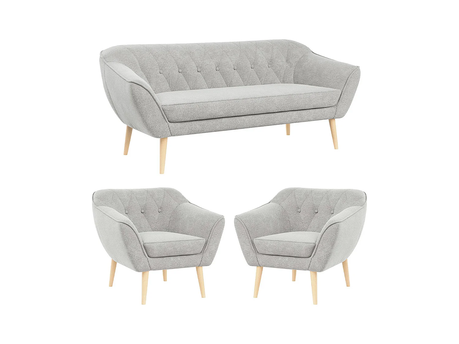 Couchgarnitur PIRS - 3+1+1, Armlehnen,Skandinavischer Design, 3-Sitzer Sofa mi Sesseln - Hellgrau Stukture