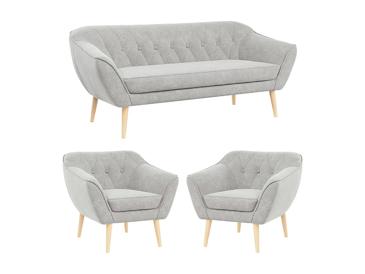 Couchgarnitur PIRS - 3+1+1, Armlehnen,Skandinavischer Design, 3-Sitzer Sofa mi Sesseln - Hellgrau Stukture