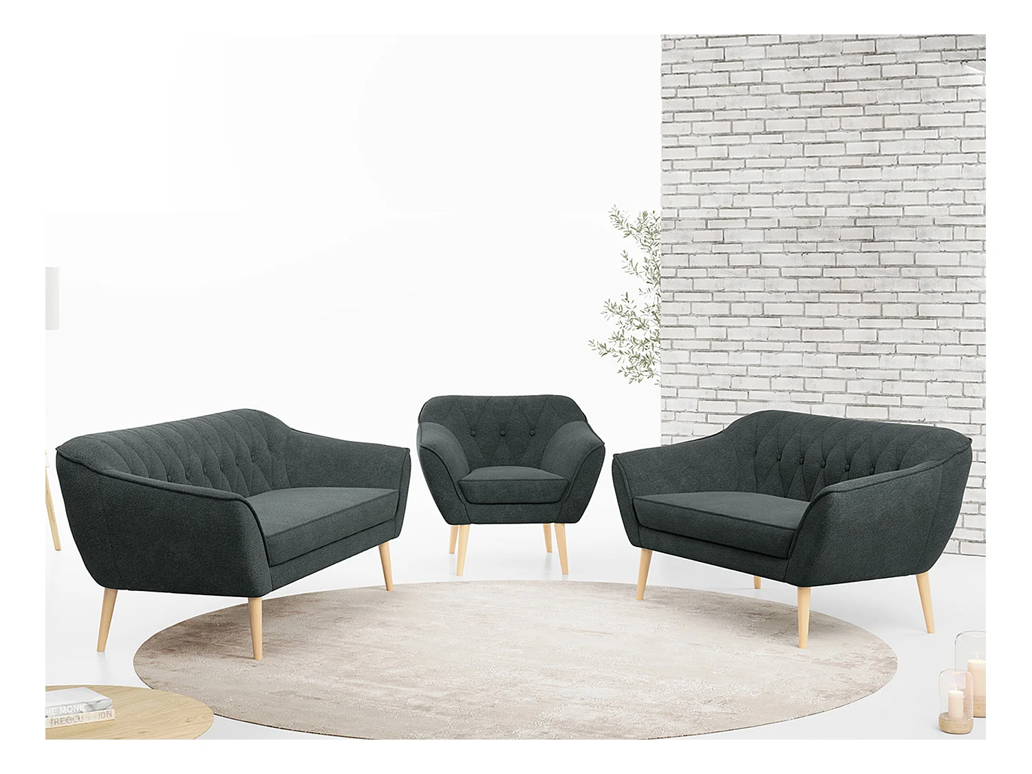 Couchgarnitur PIRS - 3+2+1, mit Armlehnen, Holzbeine, Skandinavischer Design - Dunkelgrau Stukture