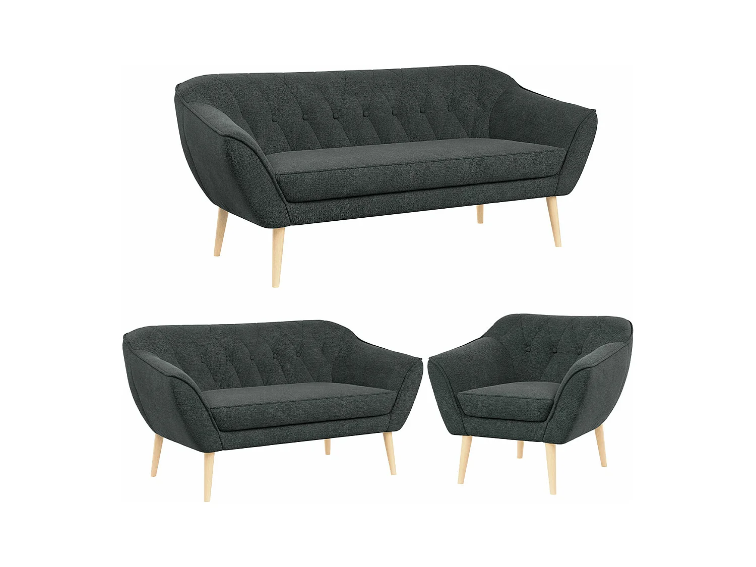 Couchgarnitur PIRS - 3+2+1, mit Armlehnen, Holzbeine, Skandinavischer Design - Dunkelgrau Stukture
