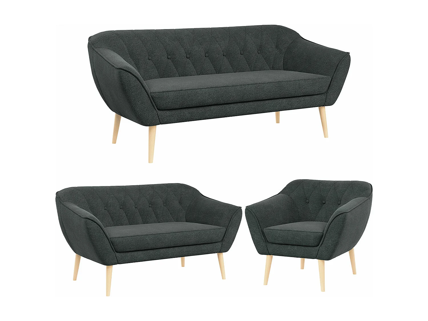 Couchgarnitur PIRS - 3+2+1, mit Armlehnen, Holzbeine, Skandinavischer Design - Dunkelgrau Stukture