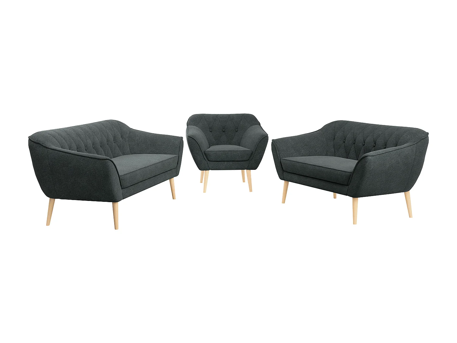 Couchgarnitur PIRS - 3+2+1, mit Armlehnen, Holzbeine, Skandinavischer Design - Dunkelgrau Stukture